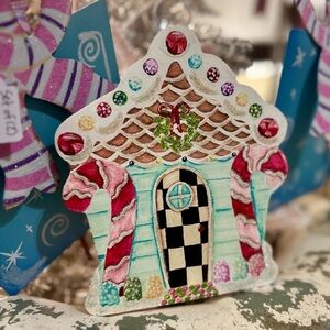Festive Gingerbread House Metal Charm Hang Or Place in Easel